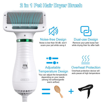 2-in-1 Dog Hair Dryer & Grooming Comb – Quiet Portable Pet Blow Dryer
